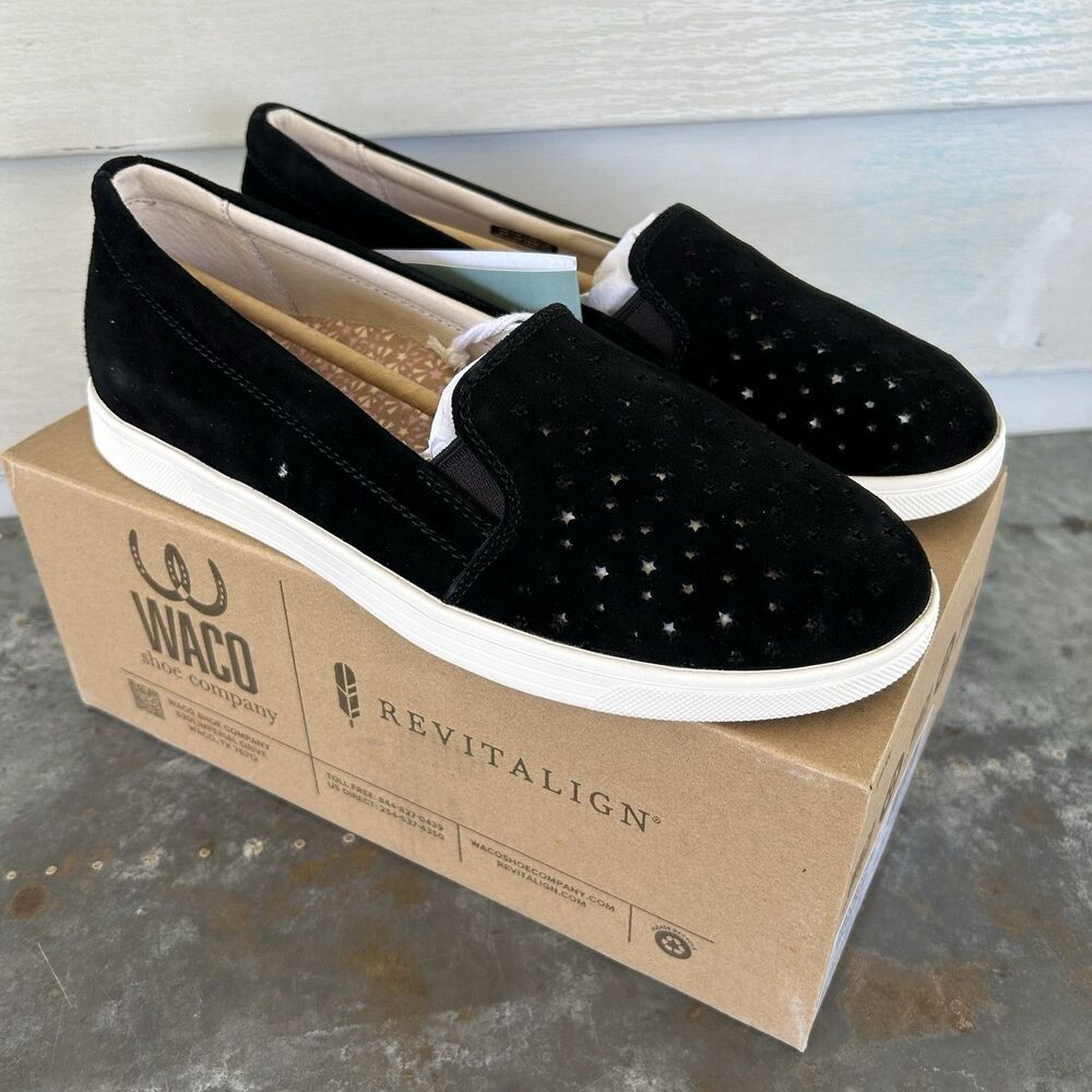 Waco Revitalign Black Flats Shoes Suede Carolina Stars Slip Ons Size 8B NEW